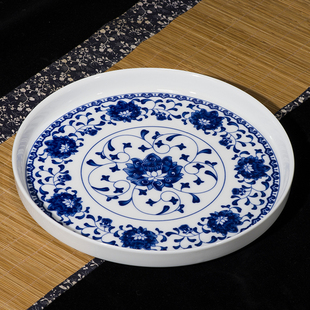 茶盘陶瓷实用简约大号茶海小圆型托盘，加单层双层青花瓷中式釉下彩