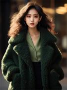 绿色摇粒绒羊羔毛外套(毛外套，)小香风长款毛呢，大衣女款2023秋冬高级感