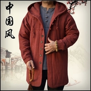中国风亚麻男式中长款棉衣加厚外套，连帽复古唐装上衣爸爸冬装棉袄