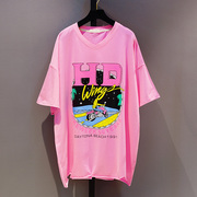 夏装韩版宽松v领印花短袖，t恤女中长款蝙蝠衫圆领卡通粉色上衣