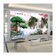电视背景墙壁纸迎客松壁画山水，中式客厅装饰影视w墙布流水生财