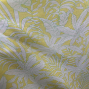 柠檬黄色底白色植物花卉，图案时装麻纱面料春夏连衣裙服饰布料