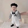 新生婴幼儿春秋季韩版绅士小熊，假两件双层连体男宝宝帅气时尚爬服