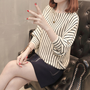 2023韩版早春季蝙蝠袖针织衫，薄款条纹女宽松学生，短款毛衣外套
