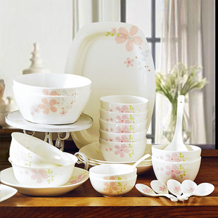 景德镇餐具套装碗碟盘，家用小清韩式可爱56头骨质瓷整套方碗具