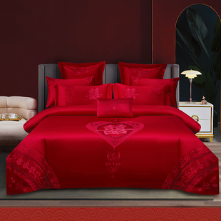 婚庆床品被套四件套大红色全纯棉，绣花简约婚房床单，结新婚被罩4件