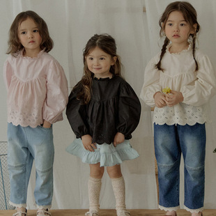 韩国女童纯棉长袖衬衫2024春款女孩上衣儿童，淑女蕾丝娃娃衫打底衫