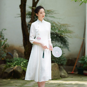 2024夏季女书法画家旗袍改良年轻款白色长裙修身显瘦百褶连衣裙女