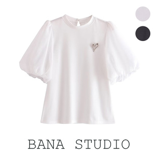 BANA外贸出口设计感爱心胸针黑白拼接泡泡袖短袖T恤女夏装上衣