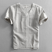 男士亚麻短袖衬衣条纹透气拼接棉麻水洗无领宽松半袖衬衫