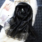 黑色时尚百搭真丝丝巾格子金丝线羊毛围巾长款保暖女式春秋季