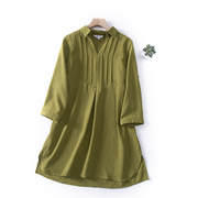 D61-2秋季女装纯色打褶小V翻领七分袖中长款宽松垂感显瘦衬衫