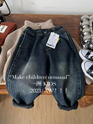 韩版2023冬季男童儿童宽松百搭复古深蓝加绒牛仔裤