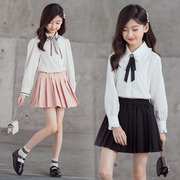 女童白衬衫礼服黑裙学院风，短裙套装中大童半身裙长袖白色衬衣纯棉