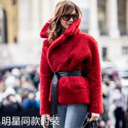 香港冬季2023博主街拍红色仿皮草个性时尚百搭短大衣外套送腰带女