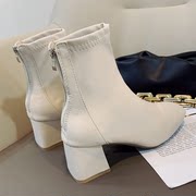 法式小短靴及踝靴粗跟秋季瘦瘦靴子白色春秋单靴高跟鞋女鞋2023年