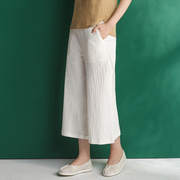 原创设计夏款中高腰棉褶皱肌理休闲阔腿裤夏季中国风女装七分裤