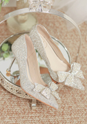银色婚鞋新娘鞋2023白色主，婚纱秀禾水晶鞋仙女，风高跟鞋女细跟