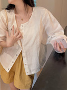 日系白色衬衫外套女早春小衫休闲时尚显瘦圆领，开衫女薄款防晒罩衫