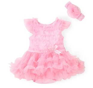 婴儿满月礼服裙 女宝宝无袖背心裙婴儿衣服粉红色蓬蓬裙薄纱裙
