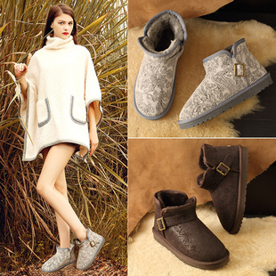 qnzy雪地靴女低筒短靴，平跟搭扣真牛皮防滑牛筋，底保暖休闲冬靴