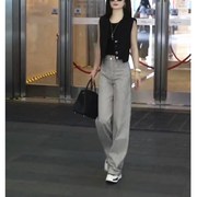 今年流行时尚套装女夏秋韩版背心马甲黑色无袖衫条纹长裤显瘦