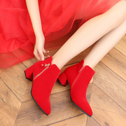 结婚红鞋子2020冬季新娘红靴婚靴粗跟低跟孕妇婚鞋舒适上轿鞋