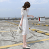 2020夏法式(夏法式)蕾丝，白色雪纺连衣裙女仙中长款气质，v领温柔风长裙