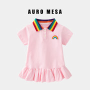 auromesa女童甜美彩虹翻领，连衣裙婴儿夏季粉色，套头短袖运动休闲裙