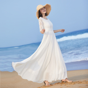 2024女气质长裙大摆长款连衣裙，夏修身(夏修身)白色，裙子蕾丝拼接沙滩裙