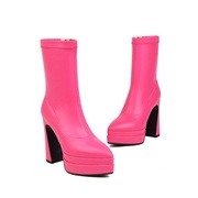皮靴防水台粗跟高跟短靴女中筒米白色粉色桃红色靴子大码小码 YLL