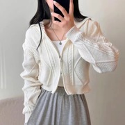 韩国chic设计感双拉链polo领短款麻花毛衣女(毛衣女，)慵懒风长袖针织衫开衫