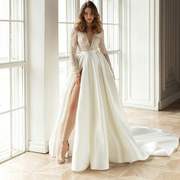 2024跨境欧美女装连衣裙优雅长款烫金，镂空领白色晚礼服婚纱中腰