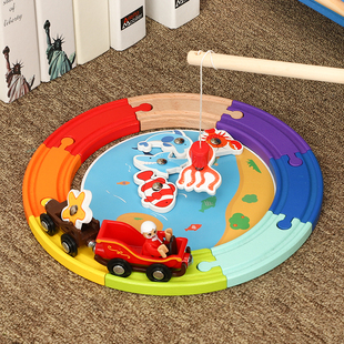 儿童磁性钓鱼玩具套装宝宝，益智彩虹木质，小火车轨道车玩具套装2岁