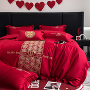 新中式100支红色四件套新婚庆(新婚庆，)结婚床上用品婚嫁全棉，喜被纯棉床单