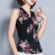 韩版无袖蕾丝衫女V领打底上衣砍袖背心外穿百搭夏季花色修身T恤
