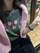 2024春夏季韩国设计师复古童趣可爱撞色花朵印花圆领短袖T恤