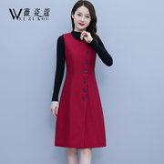 秋冬时尚减龄修身显瘦红色毛呢背心裙两件套