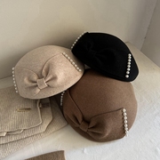女士秋冬贝雷帽造型帽，米色棕色定型羊毛呢，礼帽复古蝴蝶结手工珍珠