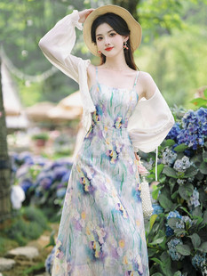 春夏女装法式复古油画，吊带长裙雪纺开衫高级感两件套海边度假长裙