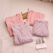 夏季薄款纯棉双层纱布哺乳月子服格子套头产后喂奶睡衣家居服套装