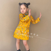 女童旗袍裙表演服长袖儿童汉服，中国风复古唐装周岁礼服婴儿连衣裙