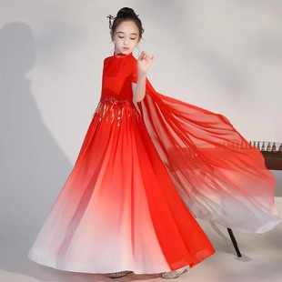儿童汉服高端女童古筝演出服中国风主持人民乐演出奏艺考礼服红色