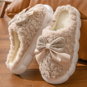 冬季棉拖鞋2023女士室内家居厚底月子鞋防滑加绒蝴蝶结毛毛拖