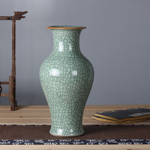 景德镇陶瓷器仿古官窑青釉，花瓶插花开片裂纹，中式古典客厅装饰摆件