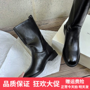 常年生产~ 葡萄妈女鞋中筒靴子2023春真皮黑色圆头马丁靴水桶靴
