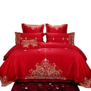贡缎婚庆四件套大红色新婚庆(新婚庆)床品1.8m结婚床上用品六件套刺绣套件