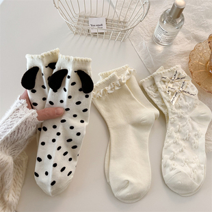 秋冬女袜子日系黑白纯色可爱学生棉斑点狗立体耳朵甜美中筒堆堆袜