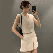 韩国chic夏季气质小香风V领无袖马甲背心+高腰A字半身裙两件套女