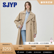 2024春季SJYP经典法式气质翻领系带双排扣长款风衣外套